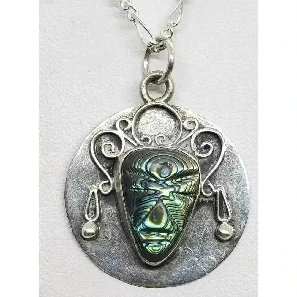 TAXCO MEXICO Carved Abalone Warrior Aztec Face SIGNED Sterling Silver Pendant